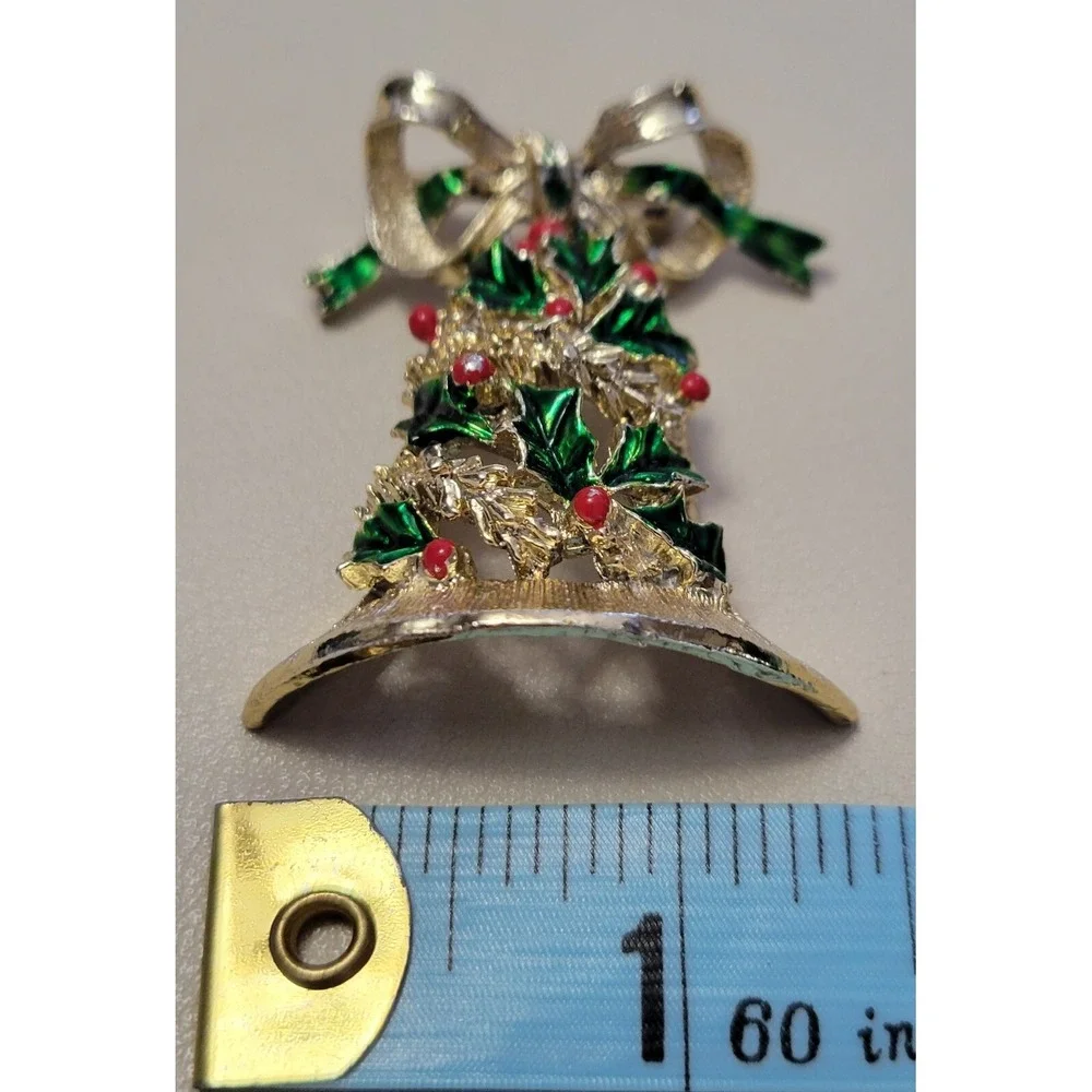 Vintage Gerry's Signed Christmas Holiday Bell Gold Tone Red Green Bow Brooch Pin
